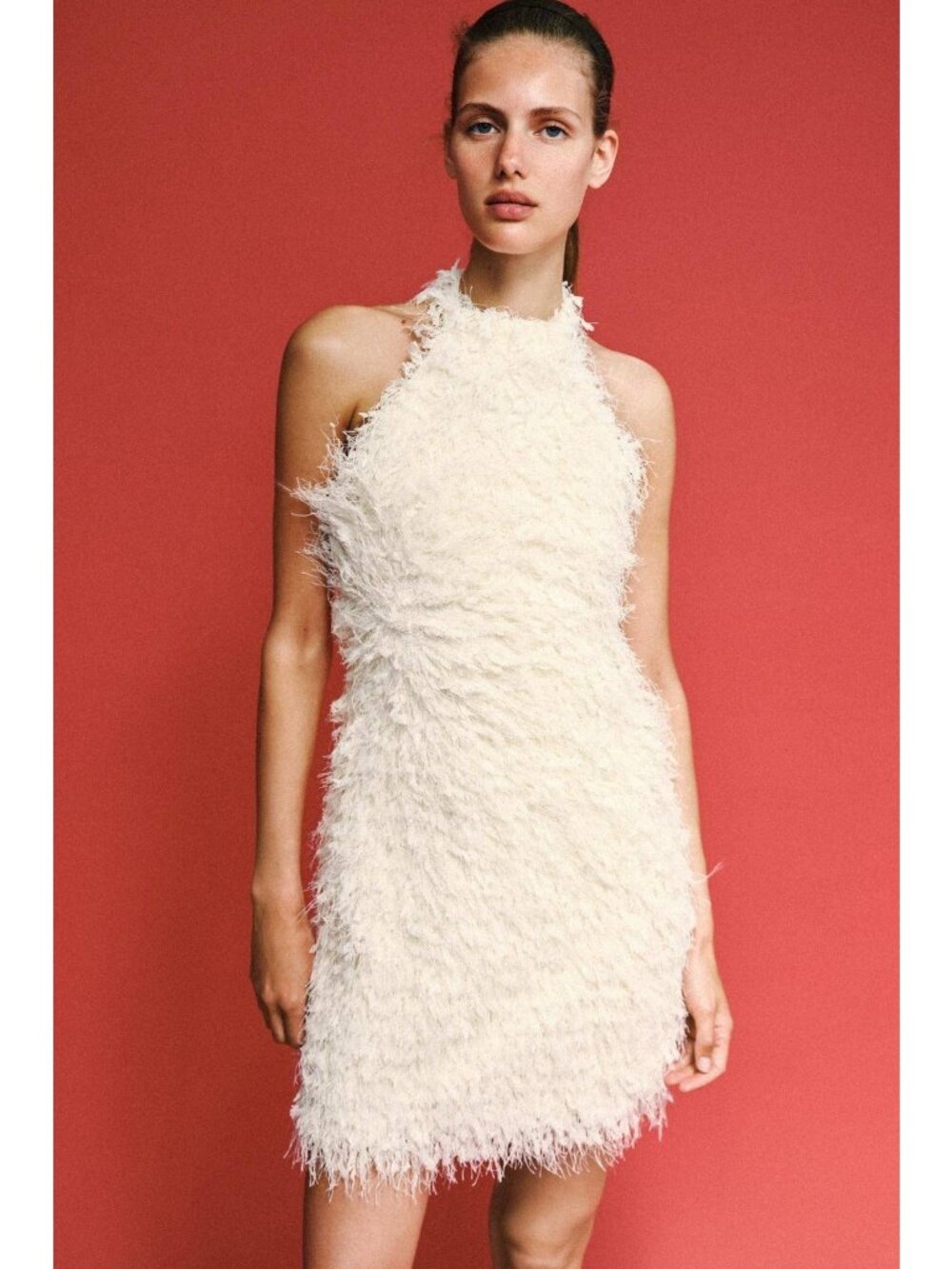Zara Shaggy Fringe Mini Dress Halter Neck Medium Cream Sleeveless  3921/095 NWT